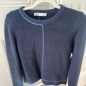 Zara Women's Navy Sweater with Sky Blue Accent